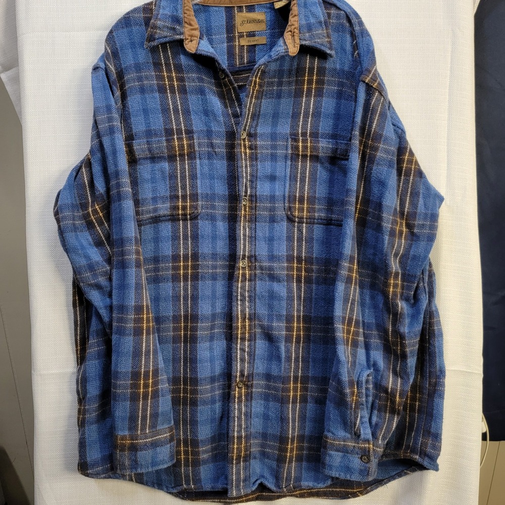 St. John's Bay Brawny Blue Plaid Flannel Shirt with Corduroy Trim XL-Tall